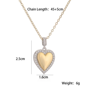Detail view of heart pendant necklace with dimensions 2.5cm by 1.6cm and 45cm chain