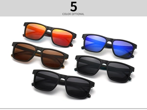 Detailed flat lay of square TR90 sunglasses with five optional colorful lens coatings