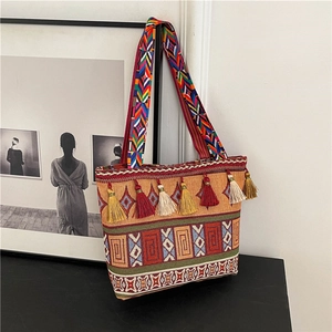 Ethnic Bohemian Woven Tote Bag Fabric Colorful Geometric Tassel Shoulder Handbag Casual Summer Fashion Women