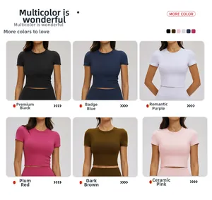 Collage of six colors for the slim fit yoga crop top featuring a round neckline