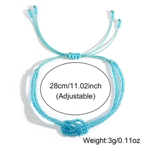 Detail view of sky blue beaded bracelet showing adjustable knot and 28cm length dimension