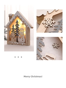 Macro detail of LED wooden Christmas reindeer ornament with warm festive lighting