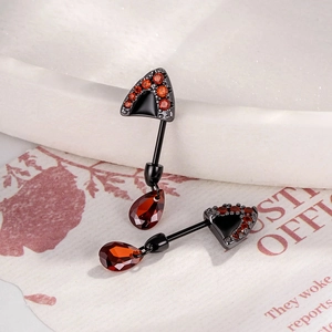 Black titanium steel cat ear screw stud earrings with red heart-shaped zircon stones