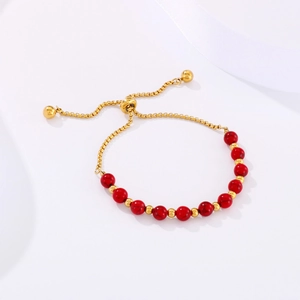 Bracelet ajustable en acier inoxydable doré avec perles de pierre rouge vif