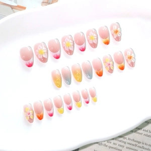 French press-on nails with 3D colorful flowers and vibrant gradient floral design