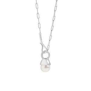 Minimalist silver chain necklace featuring a round white pearl pendant for women