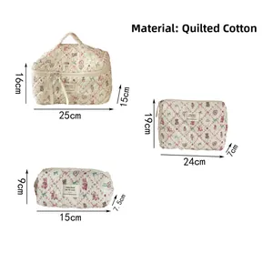 Three-piece quilted cotton floral bags set with detailed size measurements in centimeters