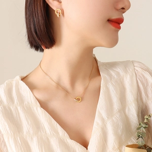 18K gold plated Roman numeral jewelry set with double ring necklace and crystal earrings