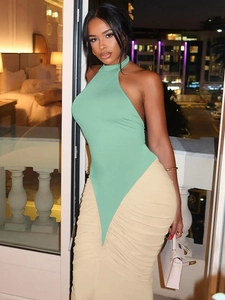 Sexy backless halter neck maxi dress with color-block green top and beige ruched skirt