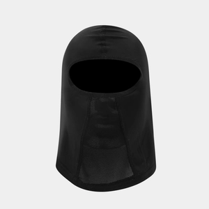 Detail of black cooling ice silk balaclava with breathable mesh on mouth and nose