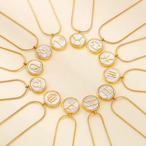 Zodiac Sign Pendant Necklace Stainless Steel 18K Gold Plated White Mother Of Artificial Pearl Shell Inlay Snake Chain For Women