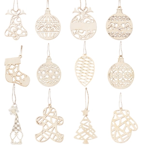 Set of 12 natural hollow wooden Christmas tree ornaments with jute twine hanging loops