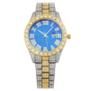 Women's Luxury Iced Out Quartz Watch Full Rhinestone Alloy Metal Strap Calendar Date Roman Numerals Fashion