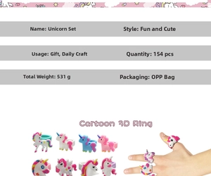 Detail of 154pcs cartoon 3D unicorn rings set made of colorful soft PVC for kids parties