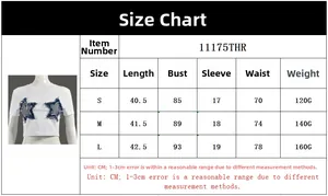 Size chart for star print patchwork crop top with fringe detail and measurements