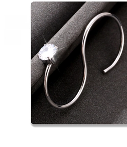 Macro shot of silver-toned S-shaped earring with a sparkling round zircon stone
