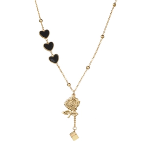Elegant gold rose pendant necklace with black hearts on a minimalist link chain