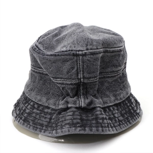 Detailed view of dark grey acid wash denim bucket hat with reinforced brim stitching