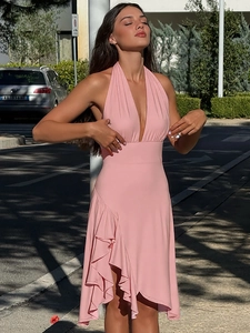 Summer pink deep V-neck backless sleeveless halter dress with ruffled irregular hemline