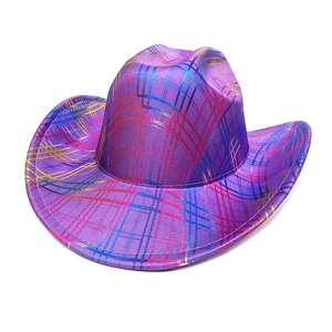 Top view of purple western cowboy hat with holographic glitter grid lines pattern