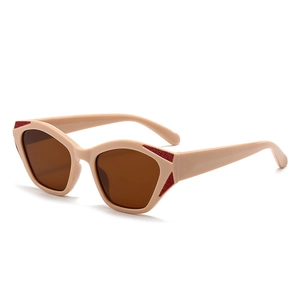 Modern geometric cat-eye sunglasses with beige frames and red crystal decorations