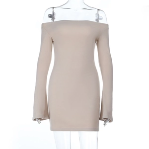 Slim fit off-shoulder long sleeve mini dress in nude pink with a ribbed knit texture