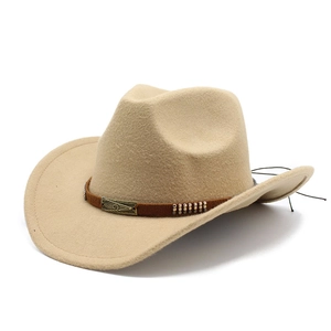 Classic beige wool felt western cowboy hat with brown leather belt and metal buckle
