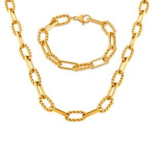 Hip hop titanium steel jewelry set featuring twisted chain necklace and bracelet in gold