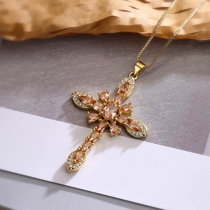 Exquisite 18K gold-plated copper necklace with amber zirconia cross pendant