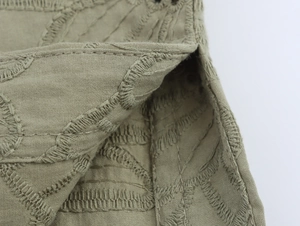 Macro detail of khaki olive blazer showing intricate embroidery and side seam pocket