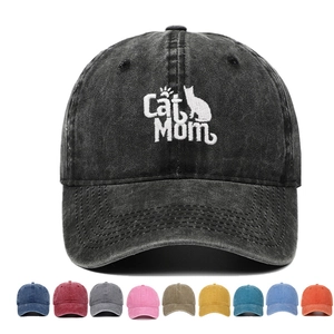 Cat Mom Embroidered Washed Cotton Baseball Cap Vintage Distressed Adjustable Sun Hat For Women Outdoor
