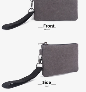 Detailed front and side views of a gray canvas coin purse with a black wrist strap