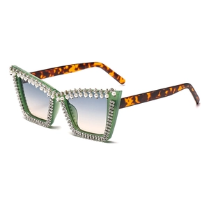 Green oversized square sunglasses with pearls, rhinestones and tortoiseshell temples