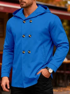 Detail of blue men's trench coat with double-breasted buttons and windproof hood