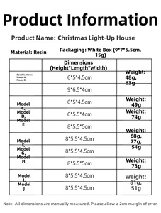 Detailed size chart for resin glowing Christmas mini houses with weight specifications