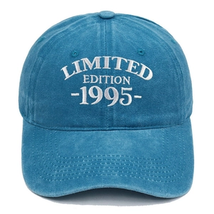 Close-up detail of white Limited Edition 1995 embroidery on blue washed cotton cap