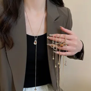 Vintage Heart Tiger Eye Pendant Necklace Long Adjustable Copper Gold Plated Sweater Chain For Women