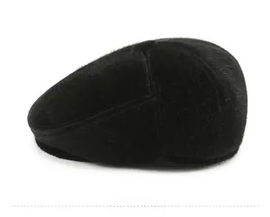Detail view showing the soft black plush texture and earflap design of this winter flat cap