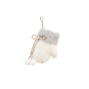 Christmas plush mitten hanging ornament with white knit, faux fur trim, and wood button