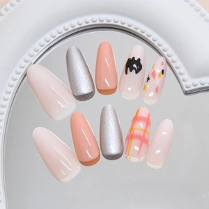 Cartoon graffiti pink and plaid press-on nails with cute cat style in long oval shape