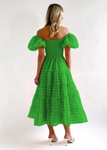 Detail of lime green off-shoulder bubble sleeve dress with textured plaid fabric back view