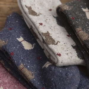 Winter wool cat pattern socks with vintage speckled yarn and thick cozy knit texture