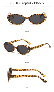 Detailed views of leopard print oval sunglasses with black lenses from multiple angles