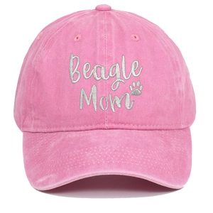 Close-up of Beagle Mom and paw print embroidery on pink washed cotton baseball cap