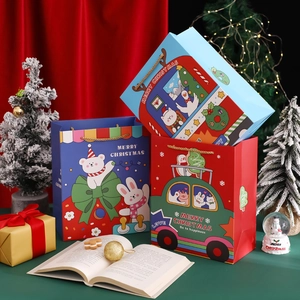 Christmas Gift Paper Bags White Cardboard Cartoon Santa Snowman Reindeer Printed Holiday Wrapping Handheld With Braided Handle