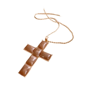 Vintage gold cross necklace with brown resin stones and twisted rope chain design