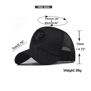 Detailed size chart of black NF mesh baseball cap with head circumference and weight info