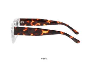 Side view of square punk sunglasses with clear front frame and tortoiseshell temples