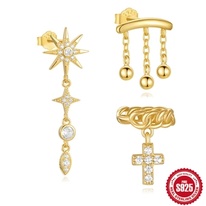925 Sterling Silver Gold Dangle Earrings For Women Zirconia Eight-pointed Star Cross Ball Tassel Drop Earrings Jewelry Gift