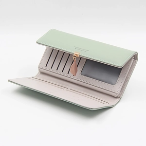 Three-fold PU leather leaf pendant wallet with multiple card slots in mint green